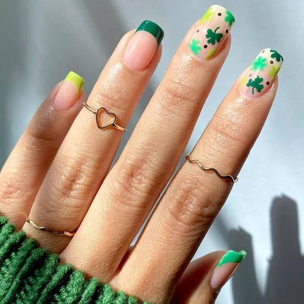 St. Patrick's Day Press On Nails Medium Length Square Shamrocks Fake Nails French Green Tips Diff... | Amazon (US)