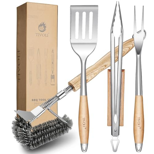 TIVOLI Grill Set 4PC BBQ Tools Set Grill Accessories with BBQ Spatula, BBQ Clips, Brushes, BBQ Forks Heavy Duty Grill Kit Grill Tools for Outdoor Grill with Wood Handles Gift Ideas for Dad Man | Amazon (US)