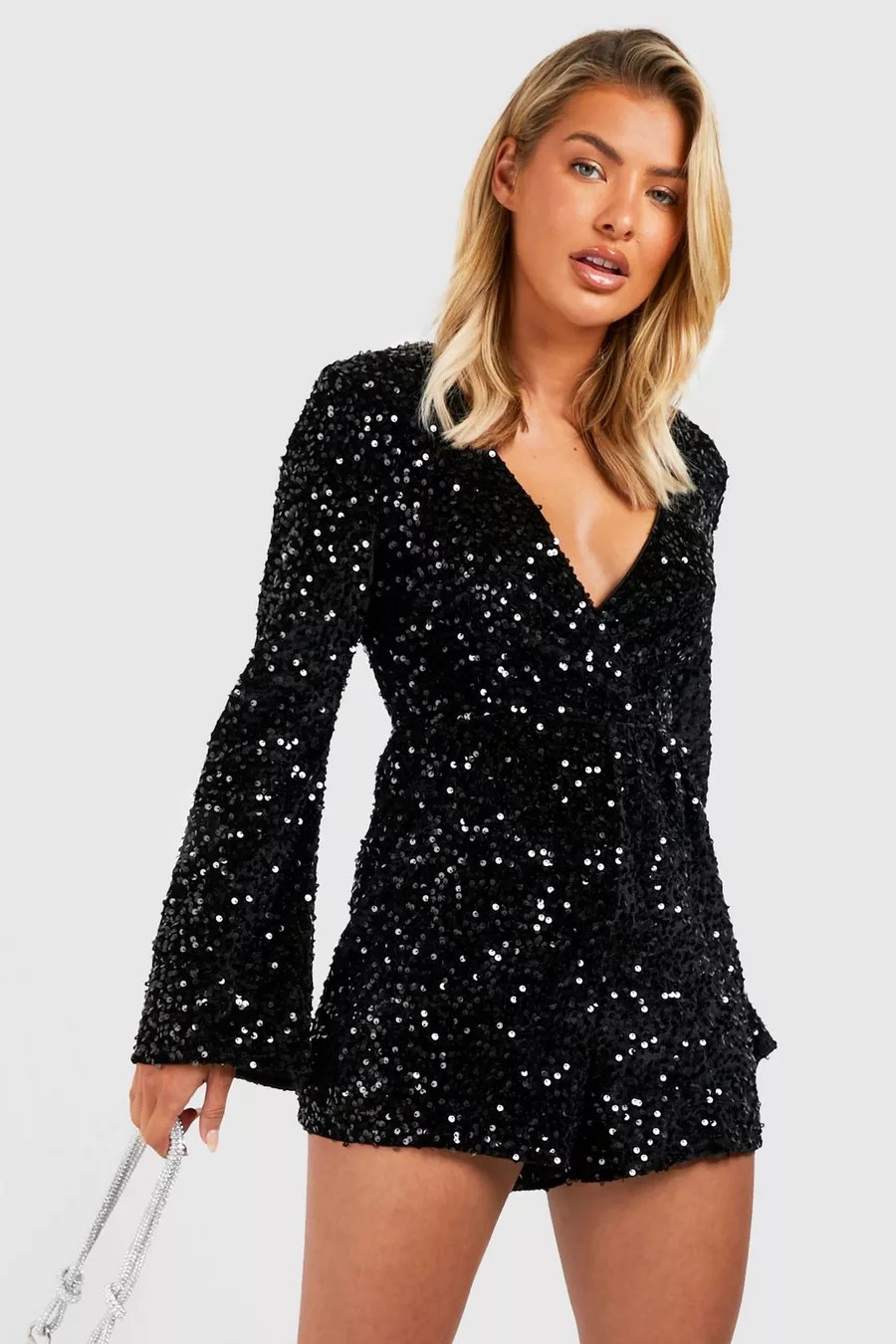 Velvet Sequin Flare Sleeve Playsuit | Boohoo.com (UK & IE)