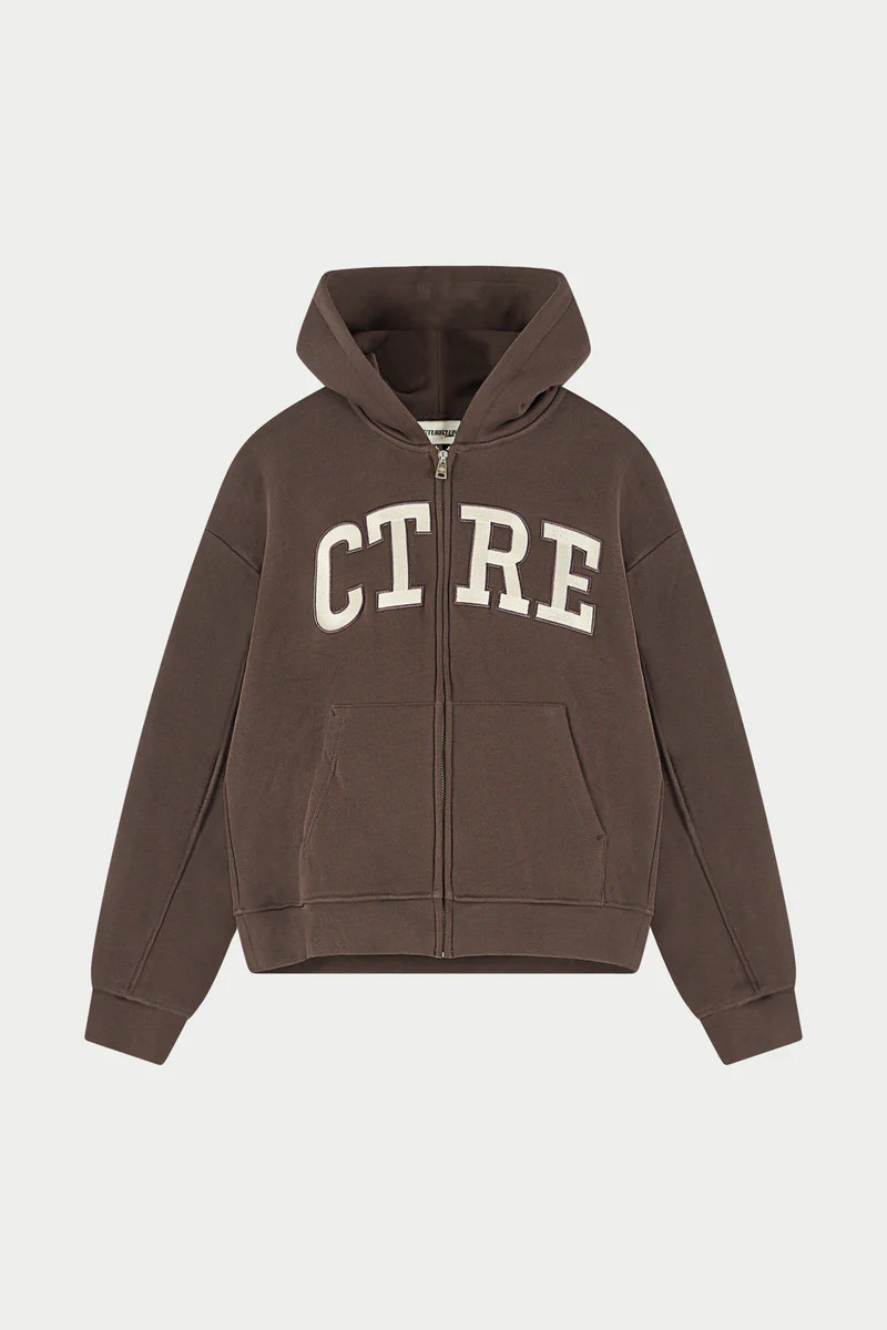 EMBROIDERED CTRE ZIP THROUGH HOODIE - CHOCOLATE | The Couture Club