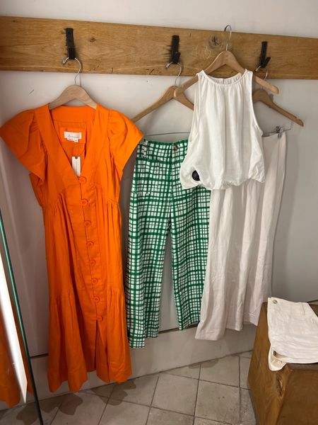 Orange midi dress (XXS, runs big) / green plaid pants (24 regular) / white linen bubble crop top (XXS) / white linen maxi skirt / green Colette cropped wide leg pants 

#LTKstyletip #LTKSeasonal