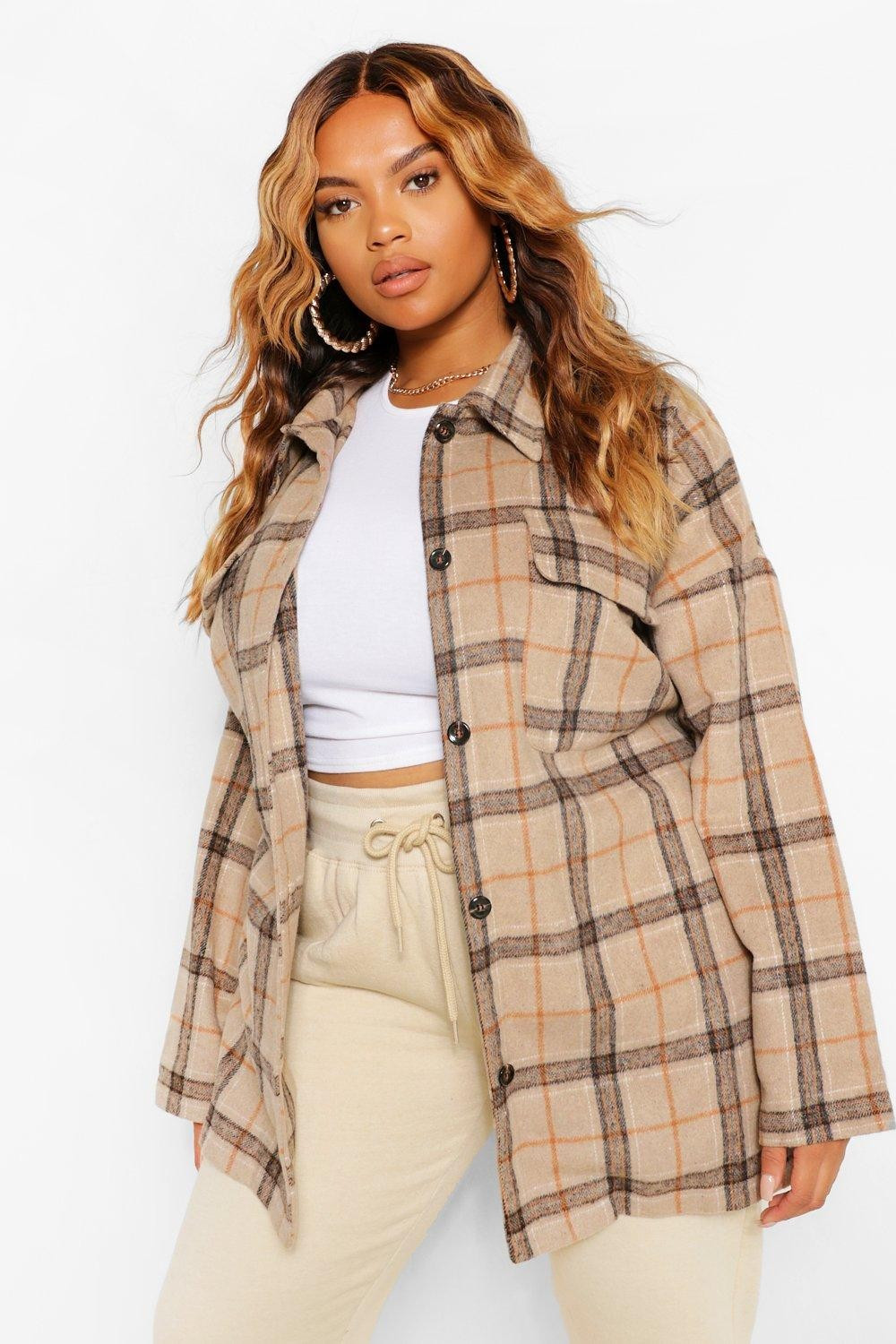 Plus Tonal Check Oversized Boyfriend Shacket | Boohoo.com (UK & IE)