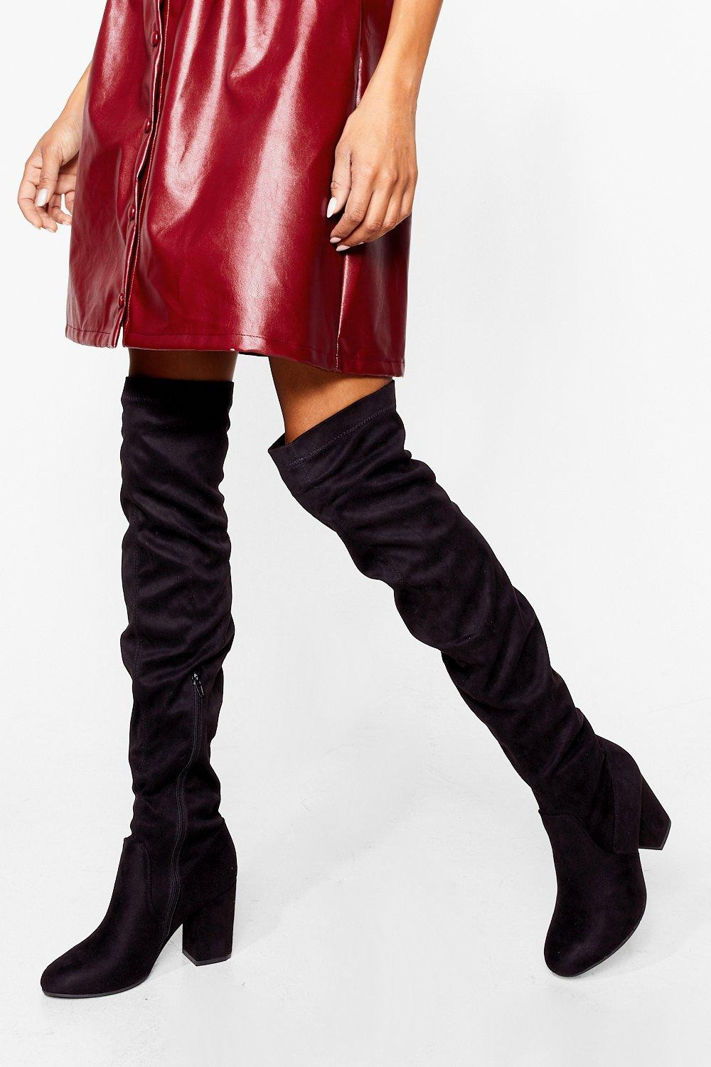 Faux Suede low block heel stretch OTK Boot | NastyGal (US & CA)