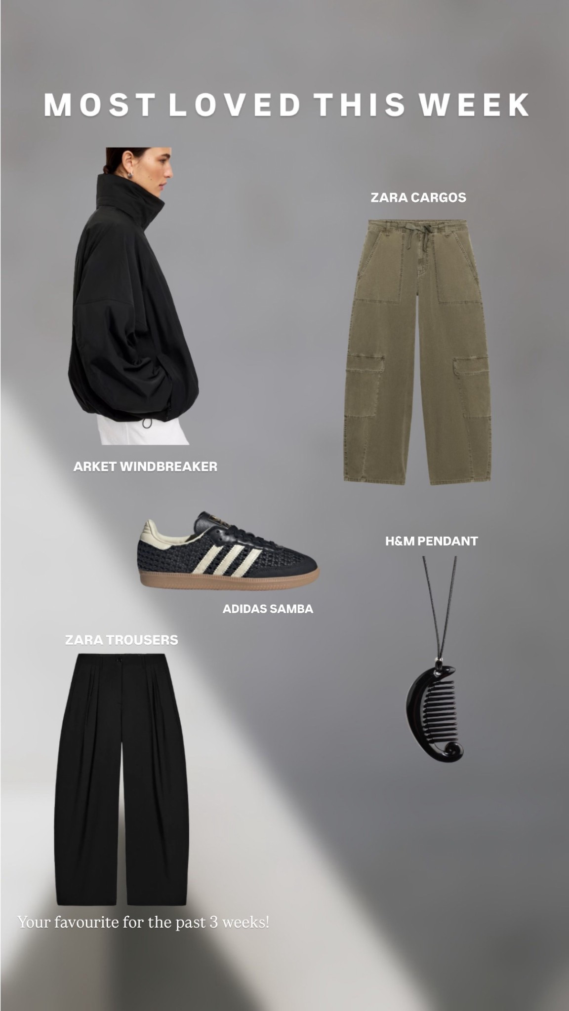 Most loved this week

Arket windbreaker nylon jacket
Zara cargo trousers
Adidas samba
H&M pendant
Zara barrel leg trousers 



#LTKshoes #LTKspring #LTKuk