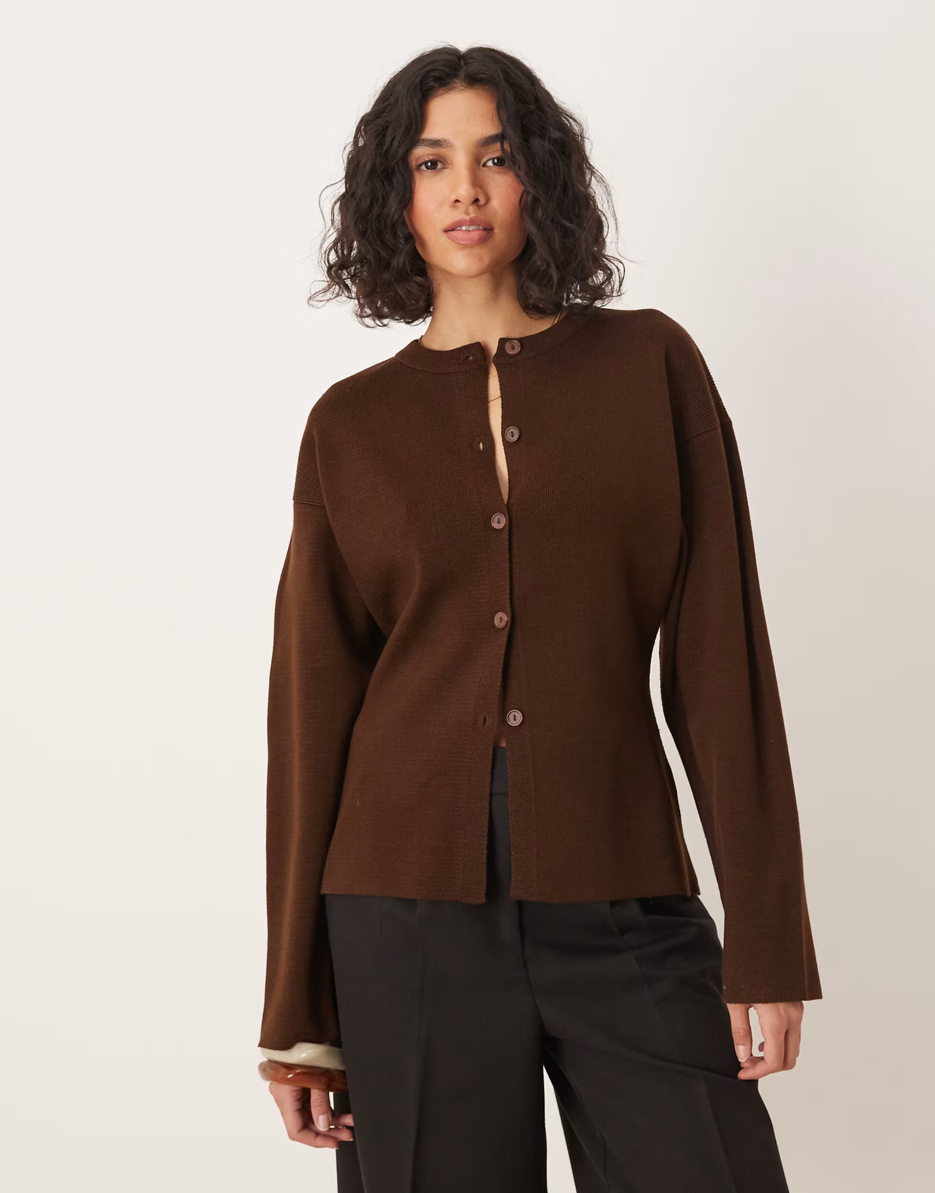 ASOS DESIGN knitted structured crew neck cardigan in chocolate | ASOS | ASOS (Global)