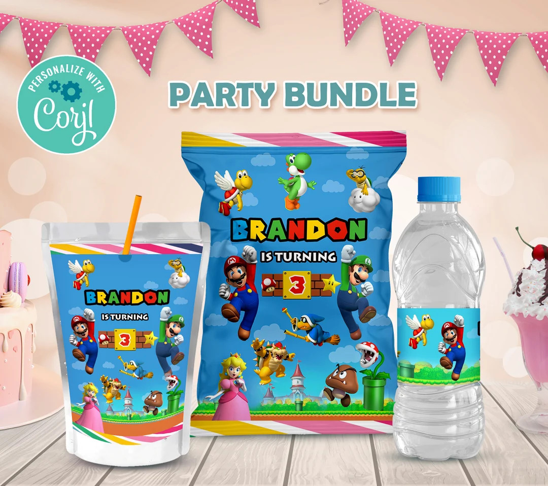 Super Mario Party supplies, Chip bag, caprisun, water bottle labels Super Mario Printable Super M... | Etsy (US)