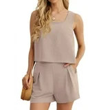 JWD Women's 2 Piece Square Neck Sleeveless Shorts Casual Set Women's Summer Top Khaki S | Walmart (US)