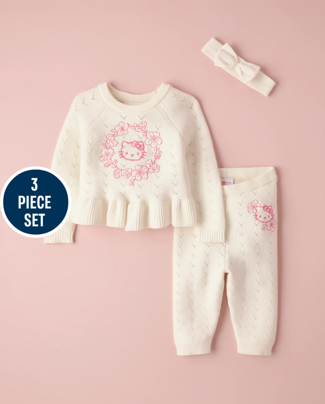 Baby Girls Long Sleeve Hello Kitty Embroidered Floral Pointelle 3-Piece Sweater Set - WHITE | Gym... | Gymboree