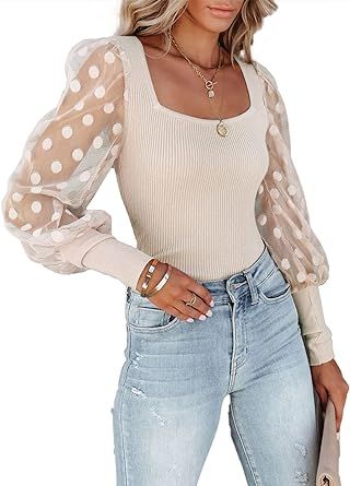 miduo Womens Tops Square Neck Polka Dot Balloon Long Sleeve Top Shirts Slim Knit Ribbed Tops Blou... | Amazon (US)