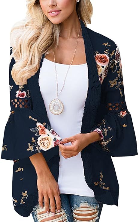 ECOWISH Womens Floral Print Loose Puff Sleeve Kimono Cardigan Lace Patchwork Cover Up Blouse | Amazon (US)