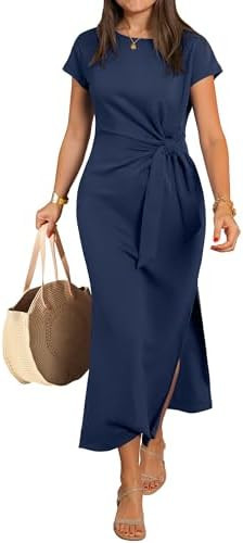 ANRABESS Womens Summer Maxi Dress Casual Crew Neck Tie Waist Split Wrinkle-Free Fit Long Fashion ... | Amazon (US)