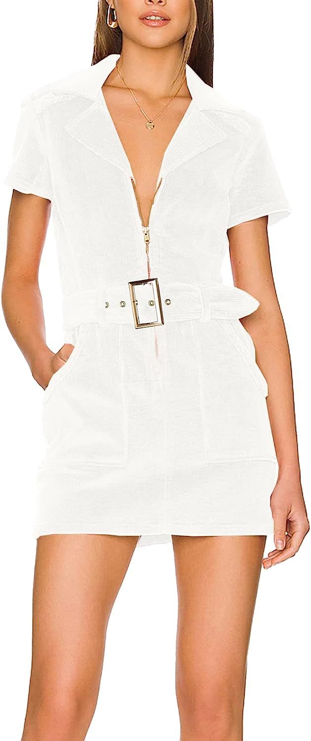Women's Corduroy Mini Dress Short Sleeve Lapel Zip Up Belted Cowgirl Dresses with Pockets | Amazon (US)