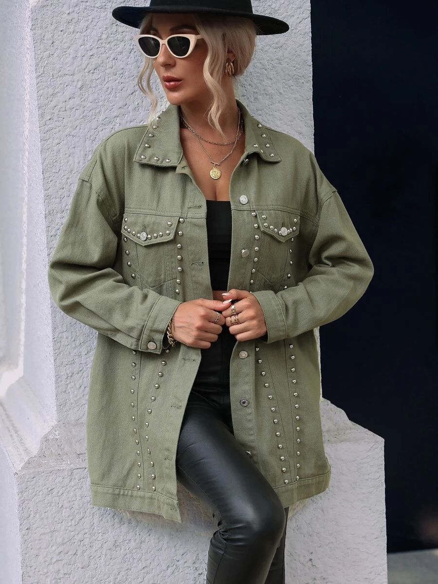 HomeWomen ClothingWomen DenimWomen Denim Jackets & CoatsStudded Detail Drop Shoulder Denim Coat | SHEIN