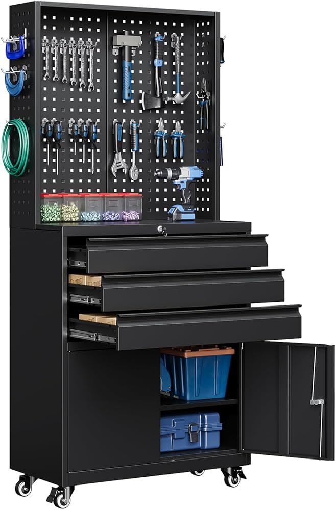 Yizosh Metal Garage Storage Cabinet with Wheels,3-Drawer Rolling Tool Cabinet with 2 Door and Adj... | Amazon (US)