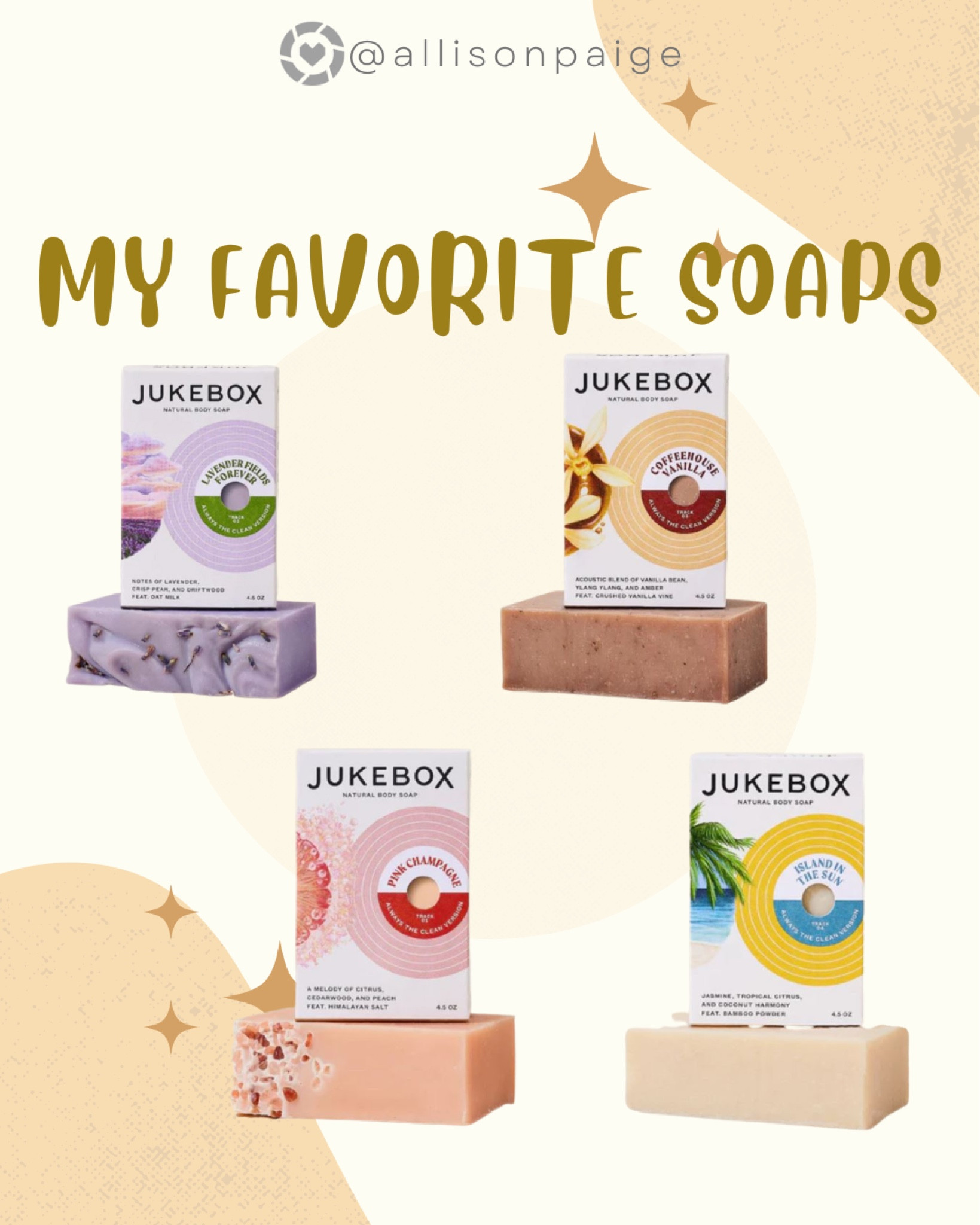 I love a good bar of soap and these by Jukebox are some of my new favorites! They’re cold-pressed so all the natural fats, clays and essential oils remain intact. These are super moisturizing with all clean ingredients! 
Hostess gift 
Shower gift 
Unique gift ideas for her 
Gifts under $20 
Gifts under $50
Mother in law gift ideas 
Gift ideas for mother in law
Mother of groom gift ideas
Gift ideas for mother of the groom 
Thank you gift
Teacher gift


#LTKhome #LTKFind #LTKbeauty