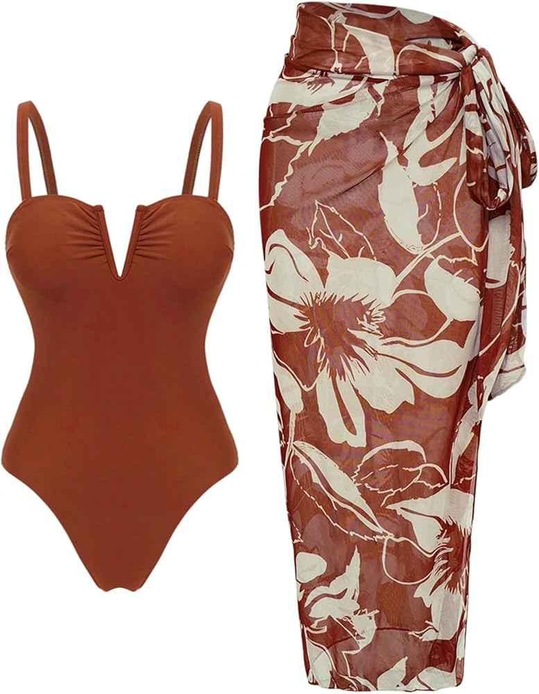 WDIRARA Women's One Piece Swimsuit with Floral Wrap Sarong Beach Skirt Two Piece Bathing Suit | Amazon (US)