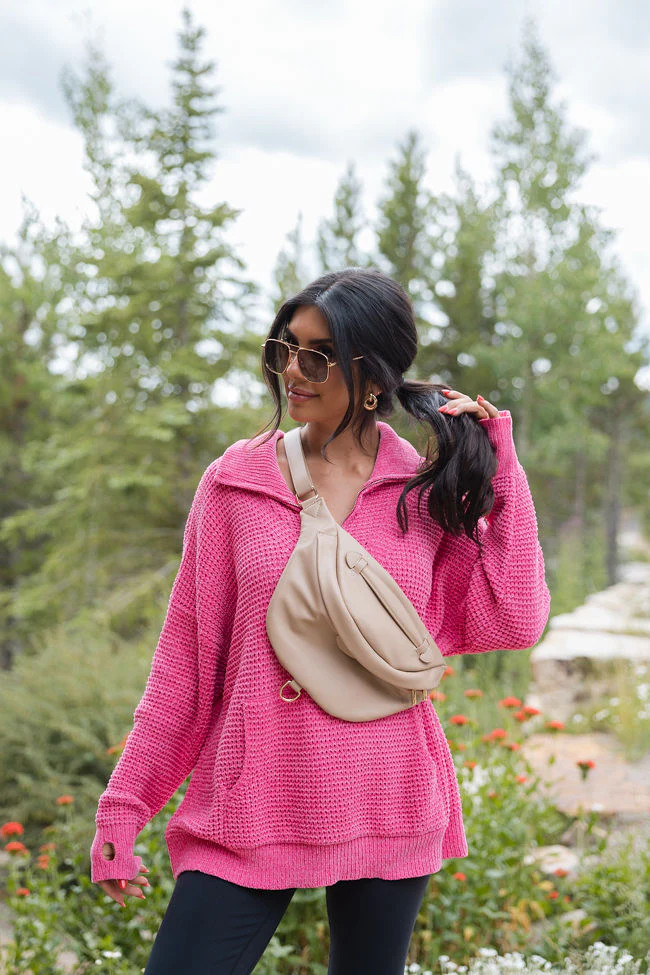 I Jump Too Hot Pink Chenille Quarter Zip Pullover | Pink Lily