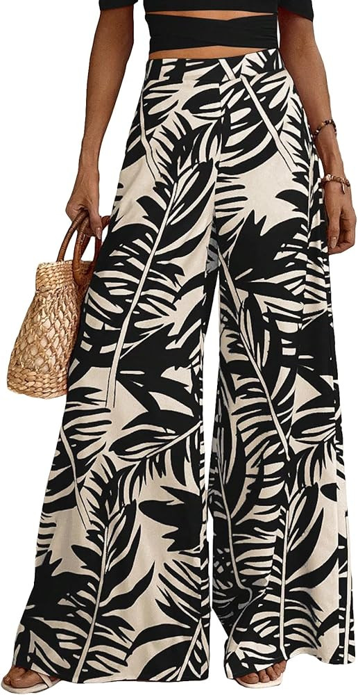 Floerns Women's Tropical Print Wide Leg Pants Beach Loose Fit Palazzo Pants | Amazon (US)