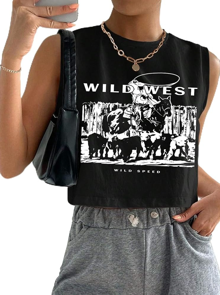 Hilinker Womens Crew Neck Loose Crop Tank Tops Workout Casual Sleeveless T-Shirt | Amazon (US)