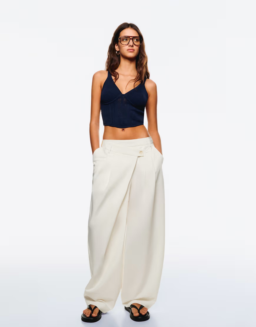 Bershka tailored fit trousers with crossover waist in white | ASOS (Global)