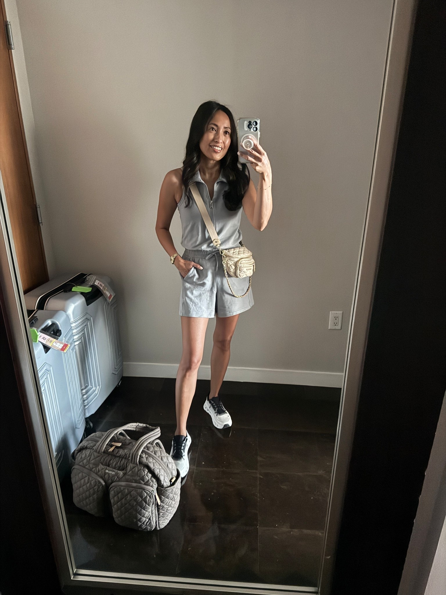 Getting on cruise outfit. Athleisure outfit  
Travel bag. Mini bag. Comfy sneakers. Luggage. Luggage tags. Romper. 

#LTKTravel #LTKItBag #LTKOver40