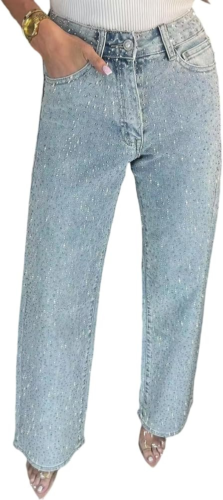 Women's Straight Leg Rhinestone Boyfried Denim Pants, Sparkly Bling Glitter Jeans | Amazon (US)