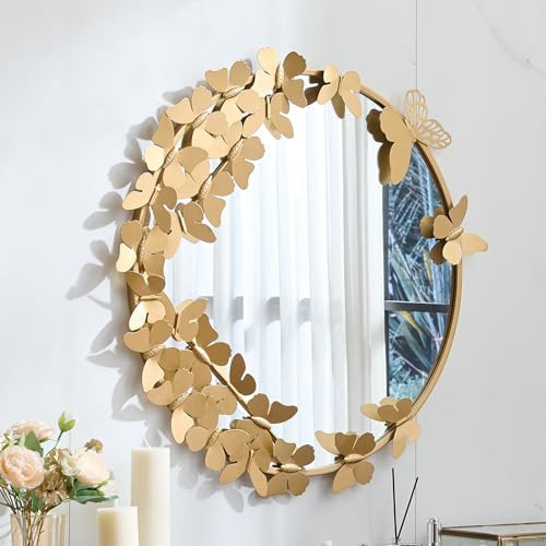 LOVNAHO Gold Mirrors for Wall, Butterfly Golden Ornate Round Mirror,Wall Mirrors Decorative for Living Room, 27.5Inch Metal Framed Circle Wall-Mounted Mirror for Bathroom, Entry Way, Bedroom | Amazon (US)