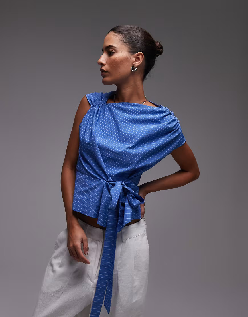 Topshop drape neck top in blue check | ASOS (Global)