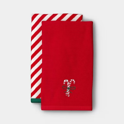 2pk Candy Cane and Red/White Striped Christmas Hand Towel Set - Wondershop™ | Target