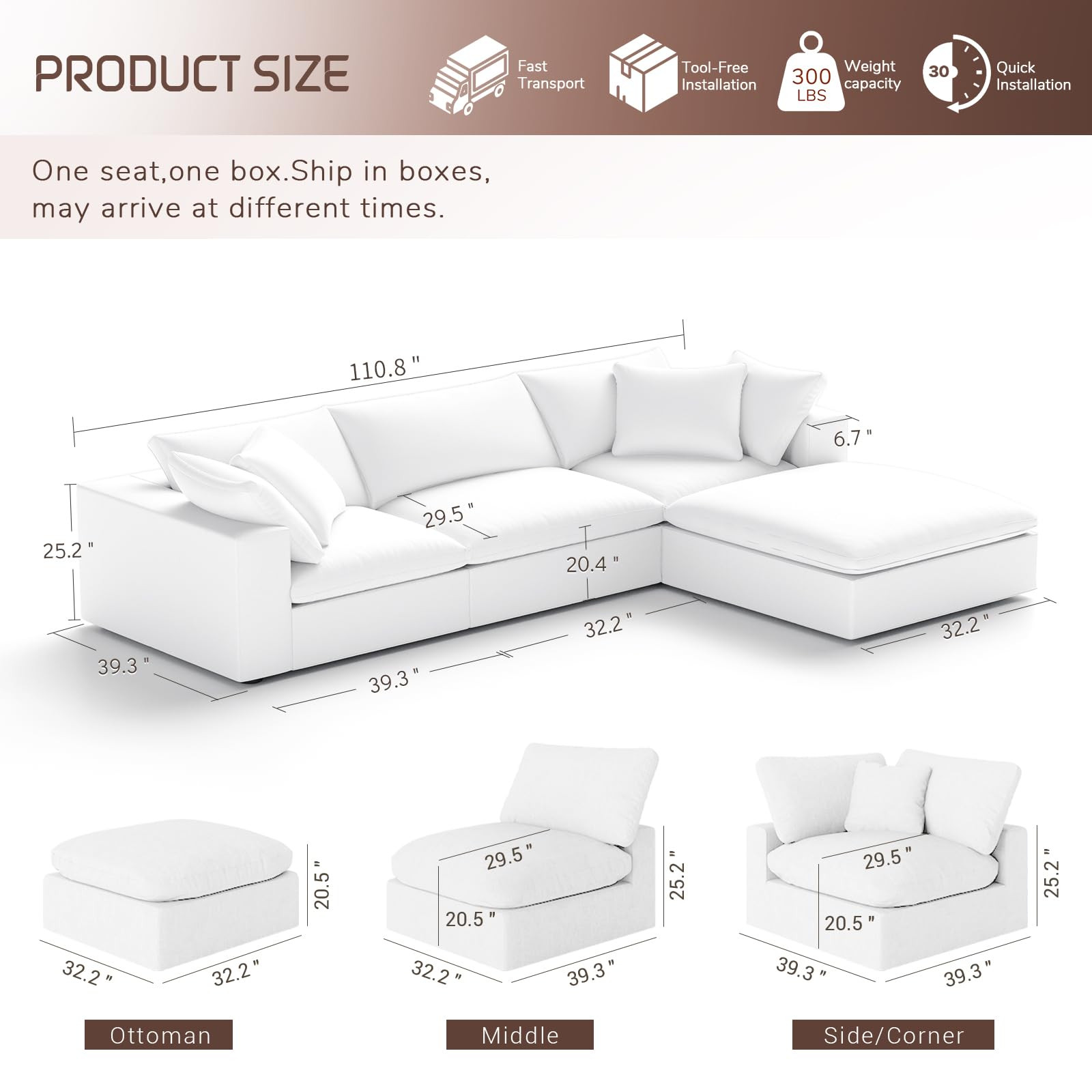 Oversize Cloud Modular Sectional Sofa,110.8" L Shape 3 Seaters with Chaise Down Filled Comfort So... | Amazon (US)