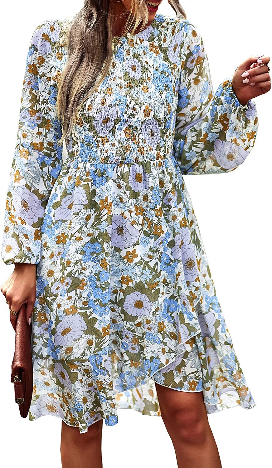 KIRUNDO 2023 Spring Summer Women's Casual Long Sleeve Smocked Boho Floral Mini Dress Crewneck Chi... | Amazon (US)
