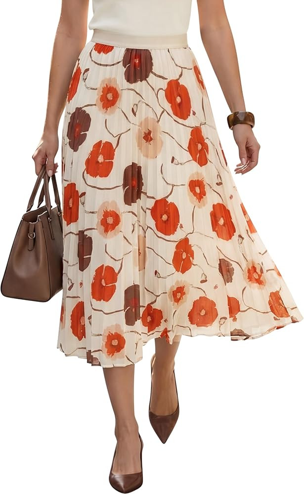 Arach&Cloz Women's Chiffon Wide Elastic Band A-Line Pleated Floral Pleated Skirts | Amazon (US)