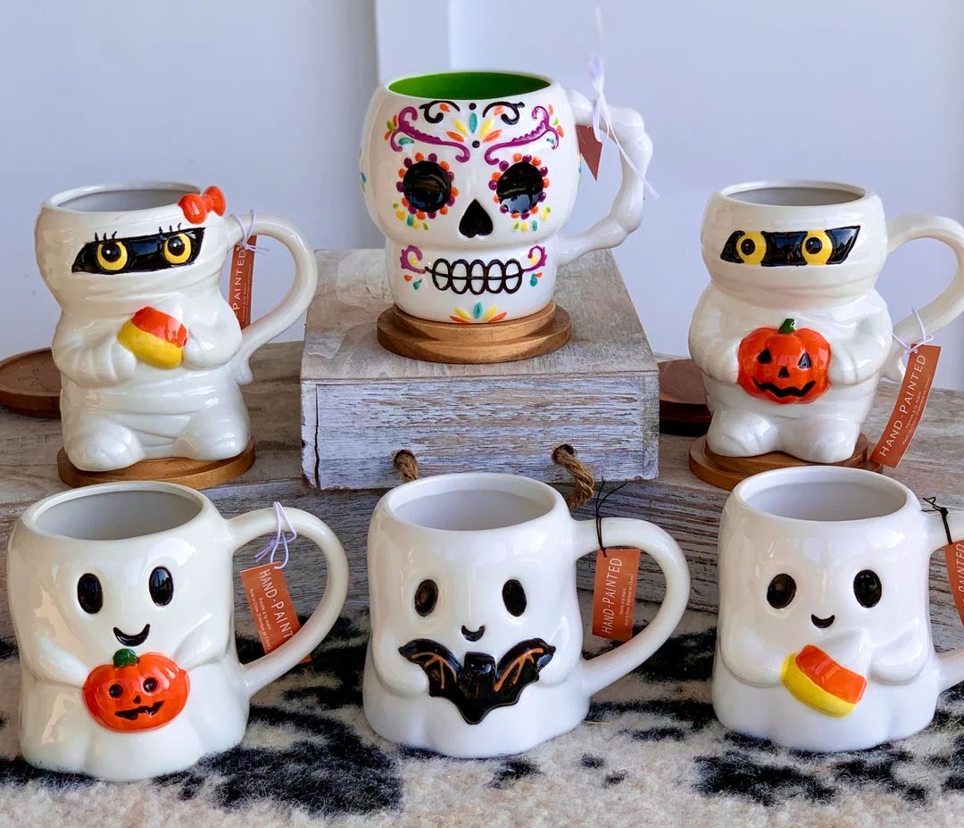 Halloween Mug Painted Sugar skull mug Lang Halloween Mug Rae Dunn Mummy Mug Lang ghost Mug Ghost ... | Etsy (US)