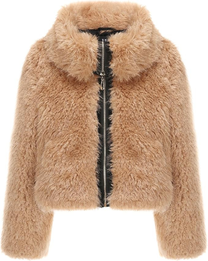 Women's Short Faux Fur Jacket With Big Lapel Collar, Winter Warm Fluffy Zip Up Cardigan Style Coa... | Amazon (US)