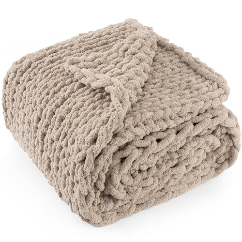 LONG CREATE Chunky Knit Throw Blanket 60"X 80", 100% Handmade with Soft Chenille Yarn, 6.7lbs Thick Cable Knitted Blankets, Large Rope Knot Crochet Throws for Couch Sofa Bed Home Decor, Taupe | Amazon (US)