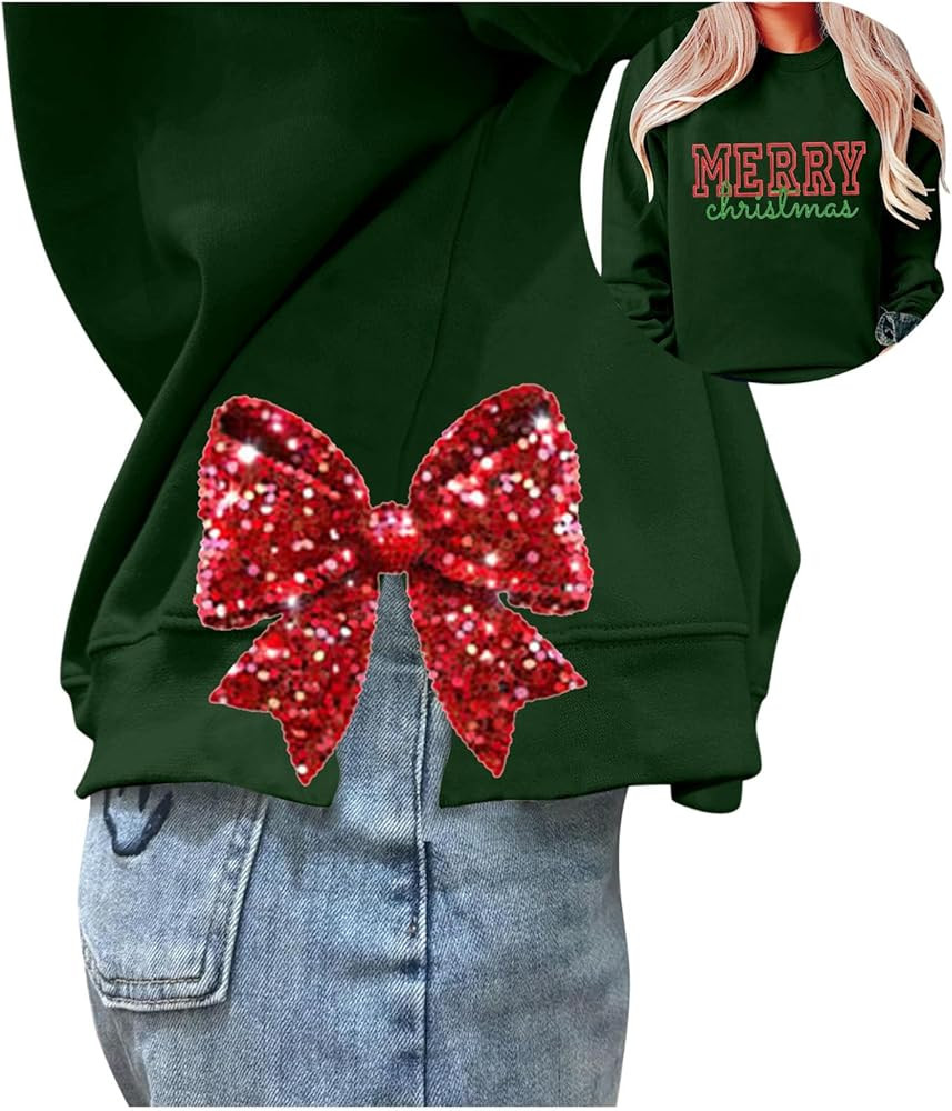 Christmas Sweatshirts for Women Merry Side Bow Appliqué Graphic Sweater Long Sleeve Crewneck Swe... | Amazon (US)
