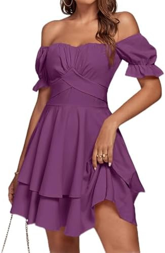 LYANER Women's Tie Back Off Shoulder Wrap Layer Ruffle A Line Short Sleeve Casual Mini Dress | Amazon (US)