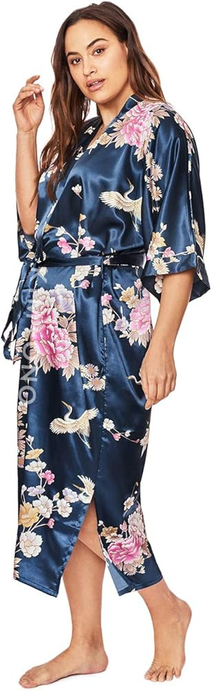 KIM+ONO Plus Size Women's Satin Kimono Robe Long - Floral | Amazon (US)