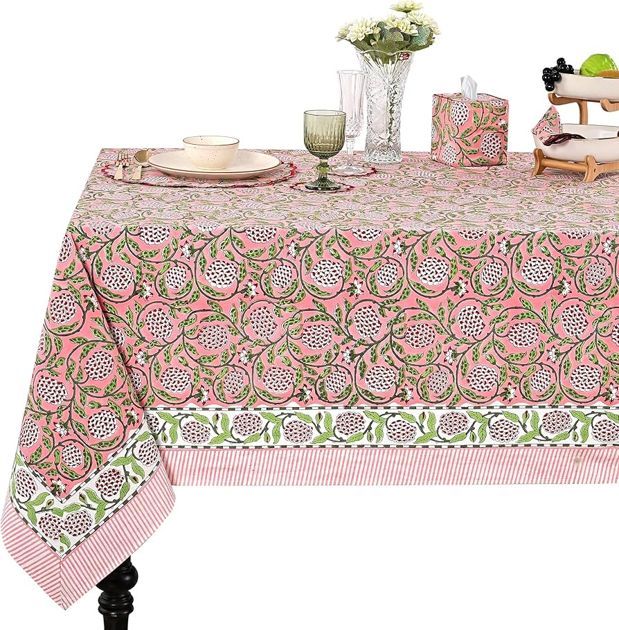 Ridhi Hand Block Print Strawberry Pink Rectangle Cotton Tablecloth 108" x 60" Reusable Table Cove... | Amazon (US)
