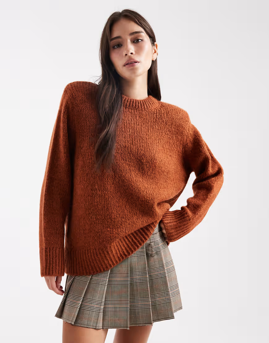 ASOS DESIGN knit oversized sweater with shoulder pads in toffee-Auburn | ASOS (Global)