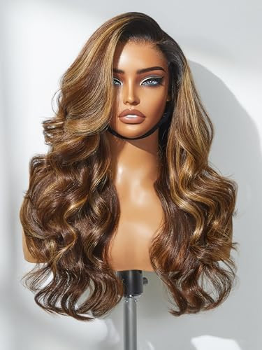 LUVME HAIR 7x6 HD Lace All-Day Comfort Wig 200% Density PartingMax Lace Wigs Highlight Color Loose Body Wave Lace Front Wigs Human Hair Pre Cut Plucked Lace Frontal Glueless 18 Inches Mix Brown | Amazon (US)
