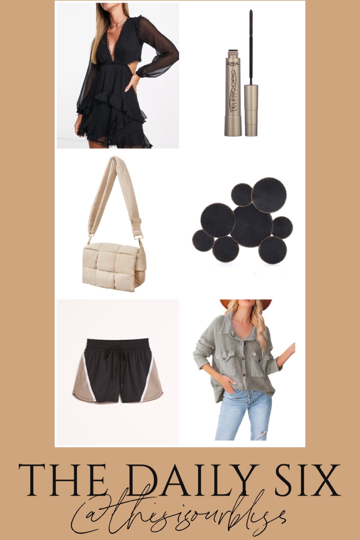 The daily six! Today’s daily finds 🖤

Party dress / cocktail dress with cut-out detail on sale for $35 
new mascara I am loving, 
trending — quilted padded bags 
unique geometric wall decor
Athleisure shorts on sale - I have size small 
a $17 waffleknit shacket #amazonfashion

#LTKfindsunder50 #LTKsalealert #LTKstyletip