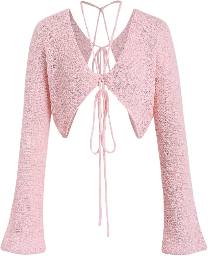 SHENHE Women's Bolero Cardigan Tie Front V Neck Lightweight Knit Crop Top Shrug Sweater | Amazon (US)
