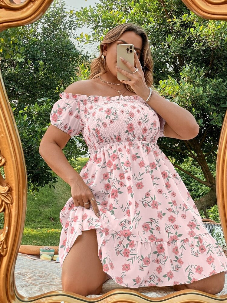 SHEIN WYWH Plus Floral Print Off Shoulder Shirred Ruffle Hem Dress | SHEIN