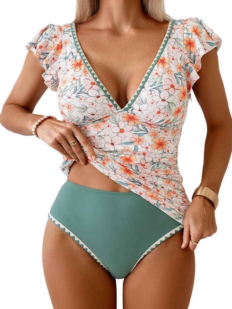 Aidonger Women's Tankini Swimsuit Tummy Control Ruffle Two Piece Bathing Suit V Neck Ruched Swimw... | Amazon (US)