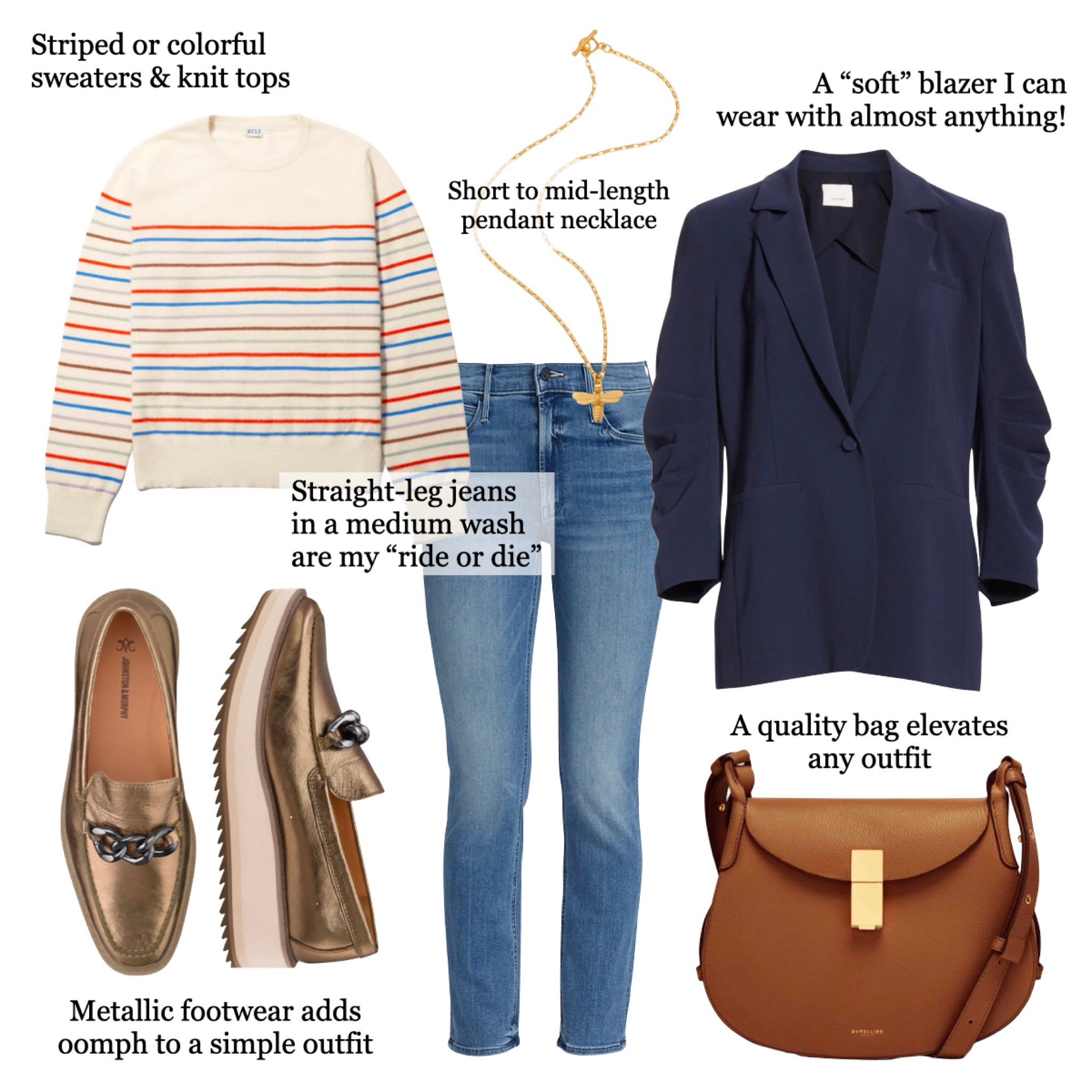 Building blocks for effortless style: soft blazer, striped sweater, straight leg jeans, metallic shoes, classic leather bag. #effortlessstyle #wardrobebasics

#LTKstyletip #LTKSeasonal