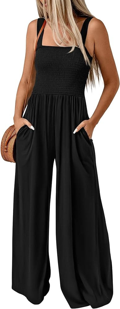 KIRUNDO Women's Casual Overalls One Piece Smocked Wide Leg Jumpsuits 2025 Summer Sleeveless Light... | Amazon (US)