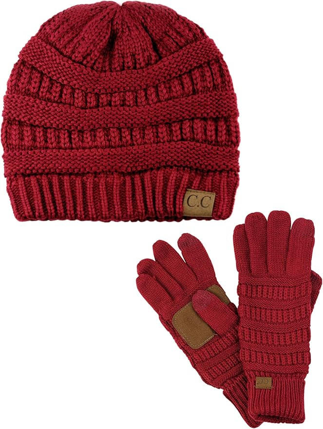 C.C Unisex Soft Stretch Cable Knit Beanie and Anti-Slip Touchscreen Gloves 2 Pc Set | Amazon (US)