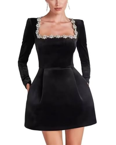 Wirunsy Women's Rhinestone Neckline Christmas Party Dress Long Sleeves Velvet Holiday Dresses Crystal Prom Party Cocktail Gown with Pockets Black 0 | Amazon (US)