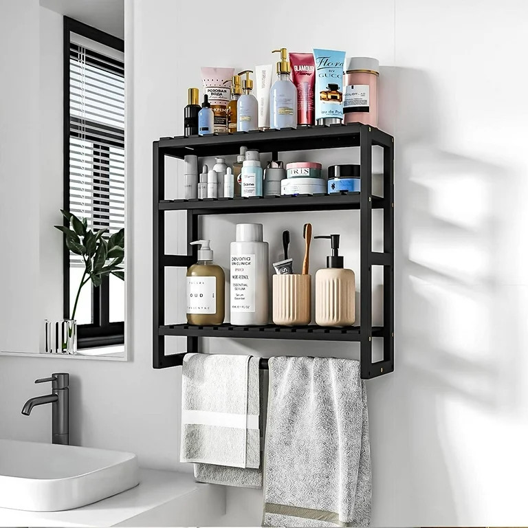 Bamworld Bamboo Bathroom Shelves Organizer Towel Rack for Storage Black Adjustable 3 Tiers Floati... | Walmart (US)